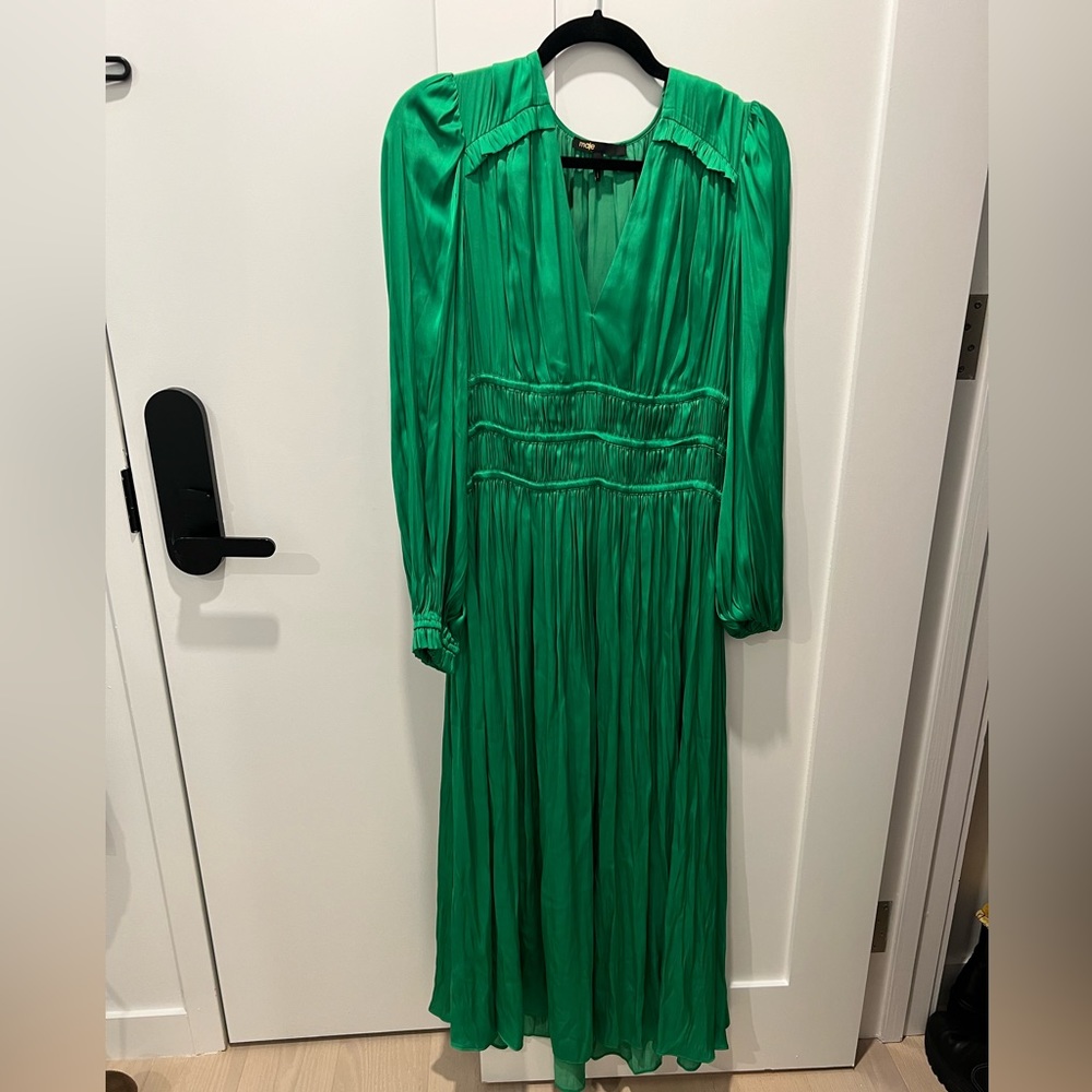 Maje | Green Midi Dress in Ruffled Satin